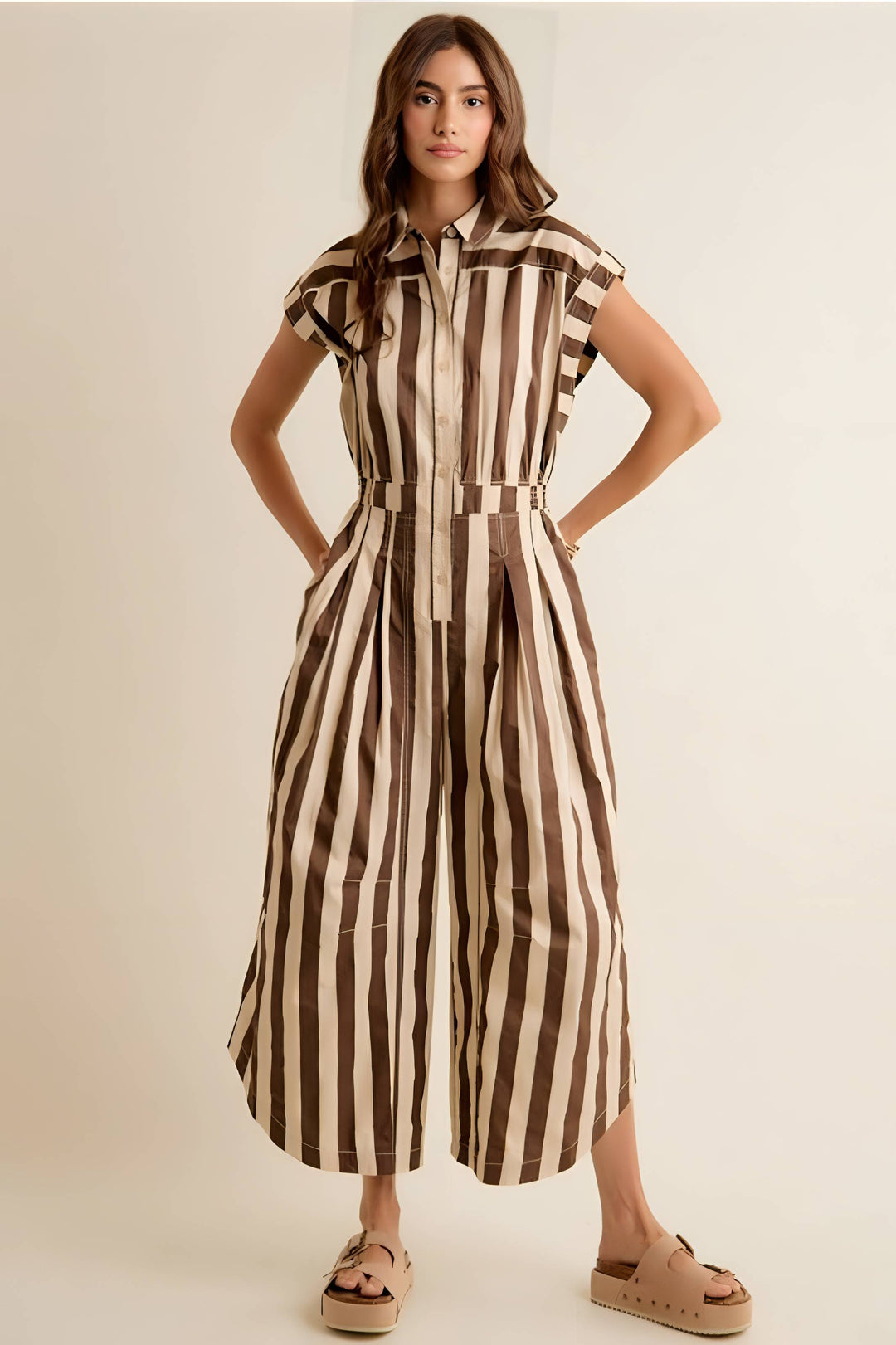A woman modeling a brown and beige vertically striped midi shirt-jumpsuit with cap sleeves, a pointed collar, and a tie belt at the waist, paired with tan slide sandals against a plain cream studio background.