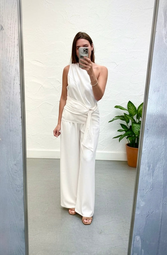 Person wearing a white jumpsuit taking a mirror selfie in a room with a plant.