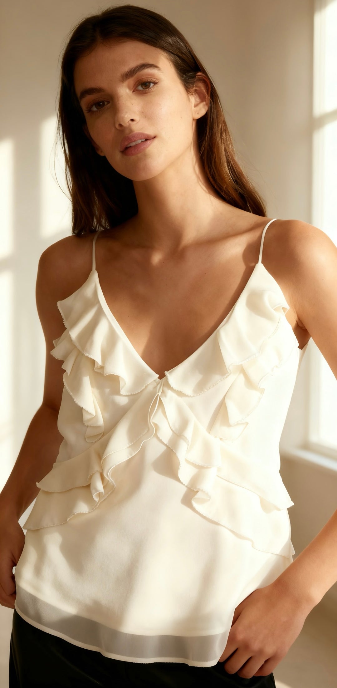 Woman wearing a white ruffled top in a softly lit room
