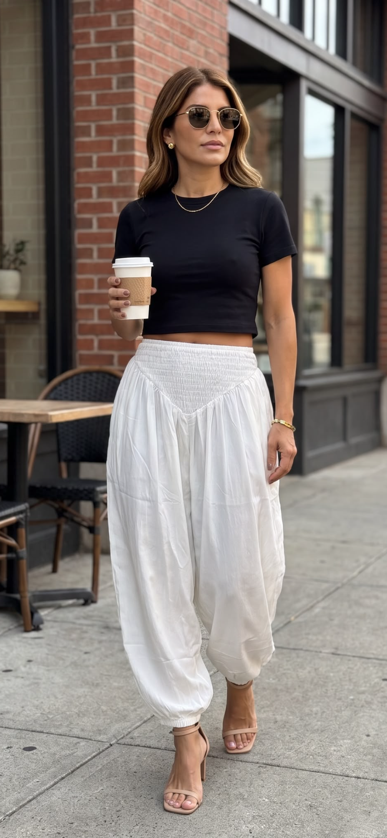 A woman walking outdoors on a city sidewalk wearing a black short-sleeve crop top and loose white harem-style pants, holding a takeaway coffee cup.
