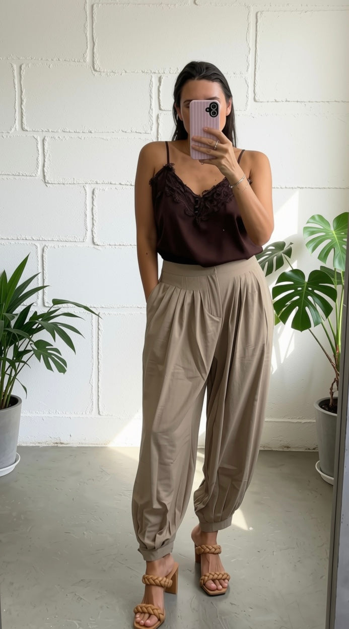 Khaki Baggy Tapered Pants