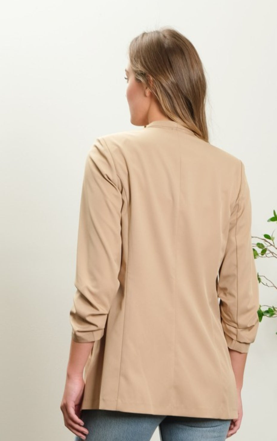 Khaki Ruched Sleeve Blazer