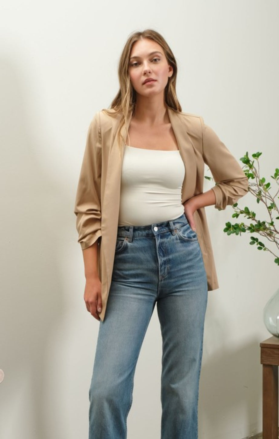 Khaki Ruched Sleeve Blazer