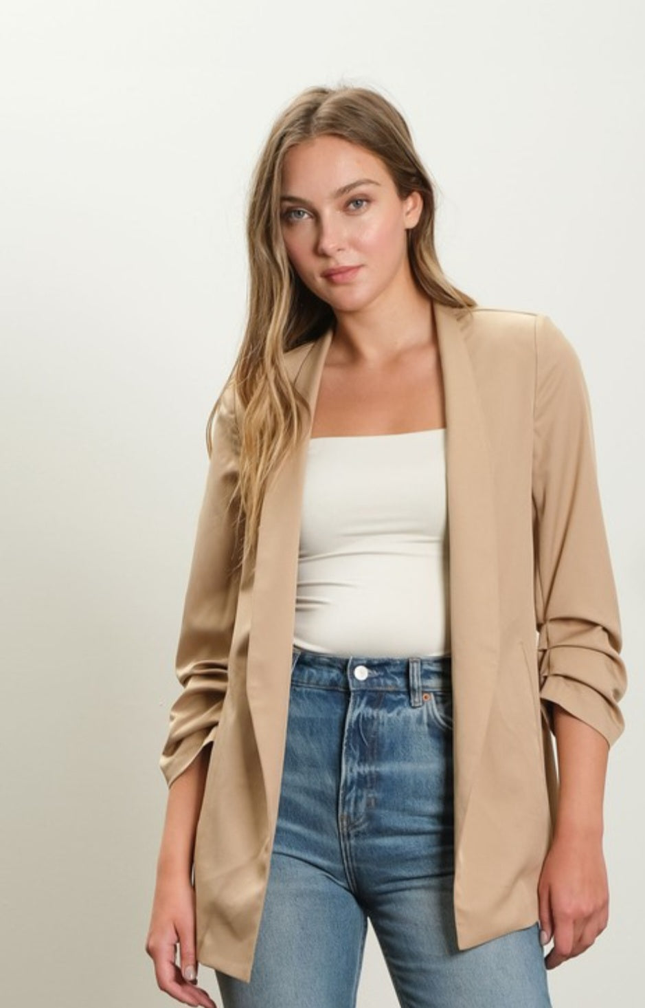 Khaki Ruched Sleeve Blazer