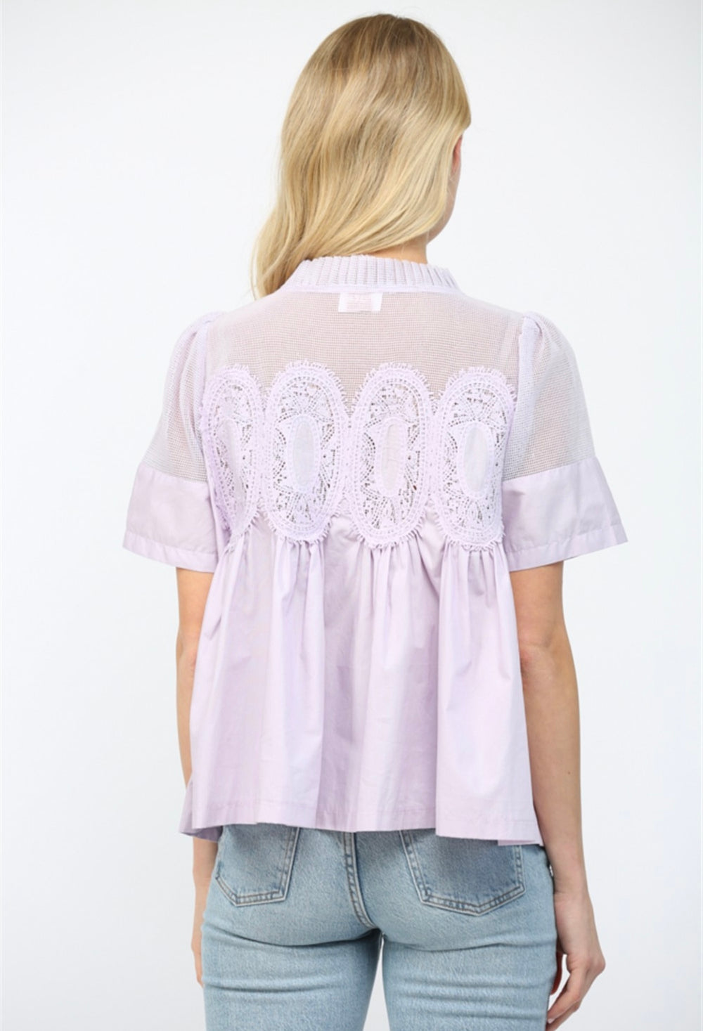 Lavender mesh top with sheer fabric and lightweight breathable design