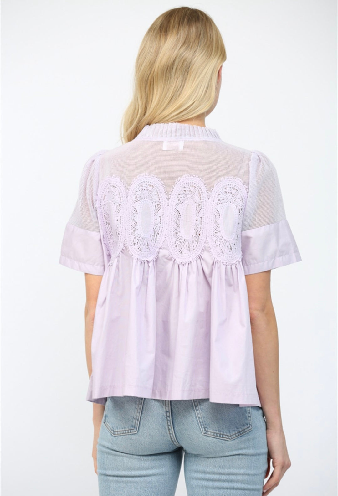 Lavender mesh top with sheer fabric and lightweight breathable design