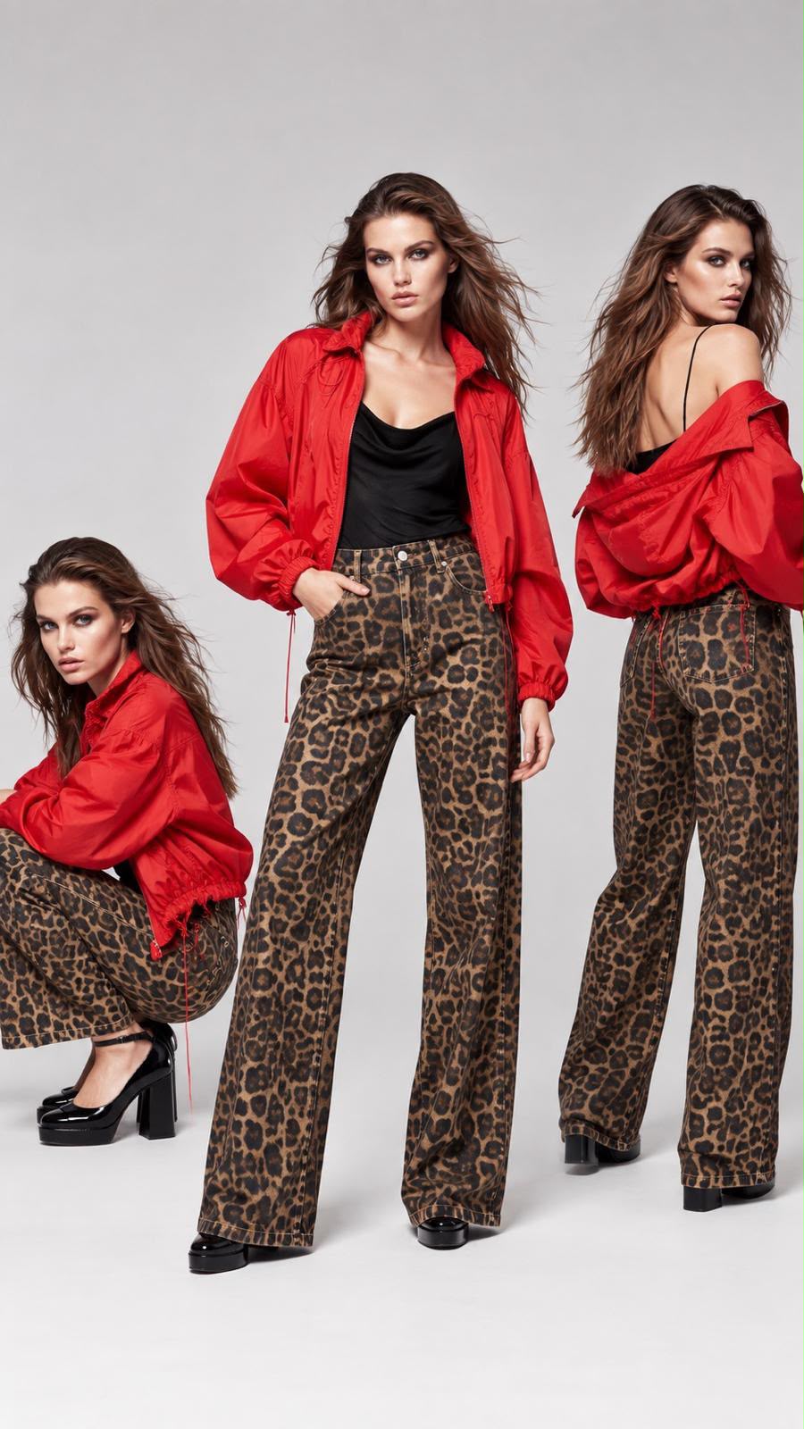 Three views of a model wearing leopard-print wide-leg pants with a black top and a bright red jacket, posed against a light gray studio background.