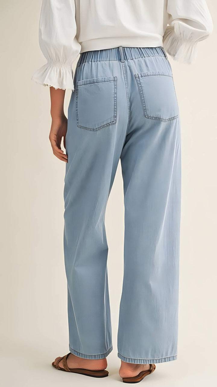 Light blue jeans worn by a person on a plain background