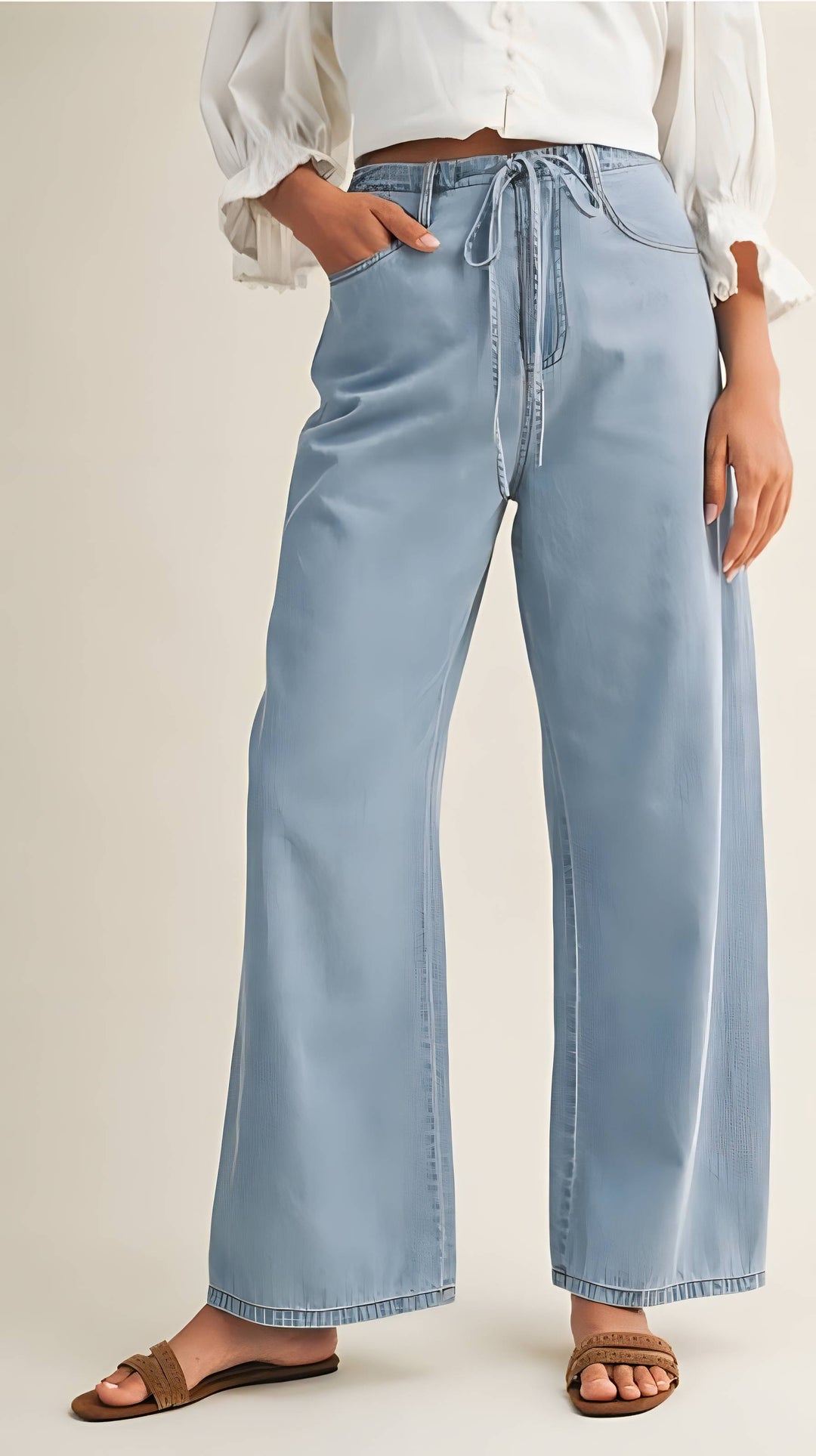 Light blue jeans worn by a person on a plain background