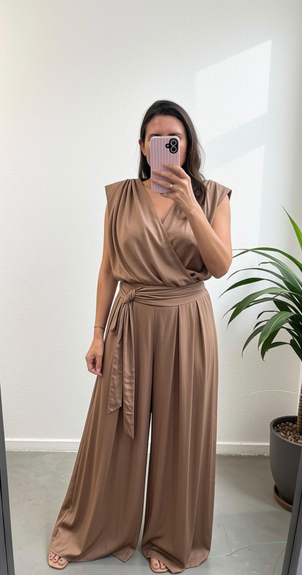 A woman takes a mirror selfie wearing a sleeveless, wrap-style pant set  in a warm taupe-brown color with wide legs and a tie waist. The setting is a minimalist room with a white wall and a potted plant on the right.