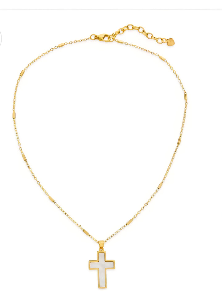Gold necklace with a cross pendant on a white background