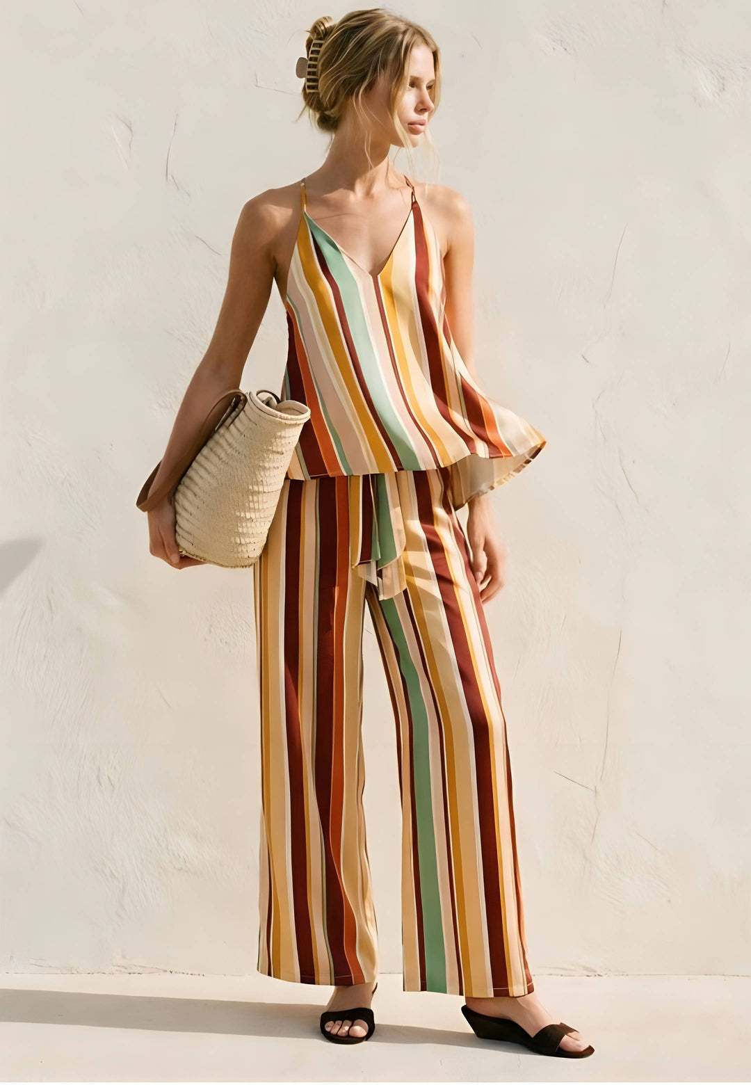 Woman wearing a colorful striped outfit holding a woven bag against a light background