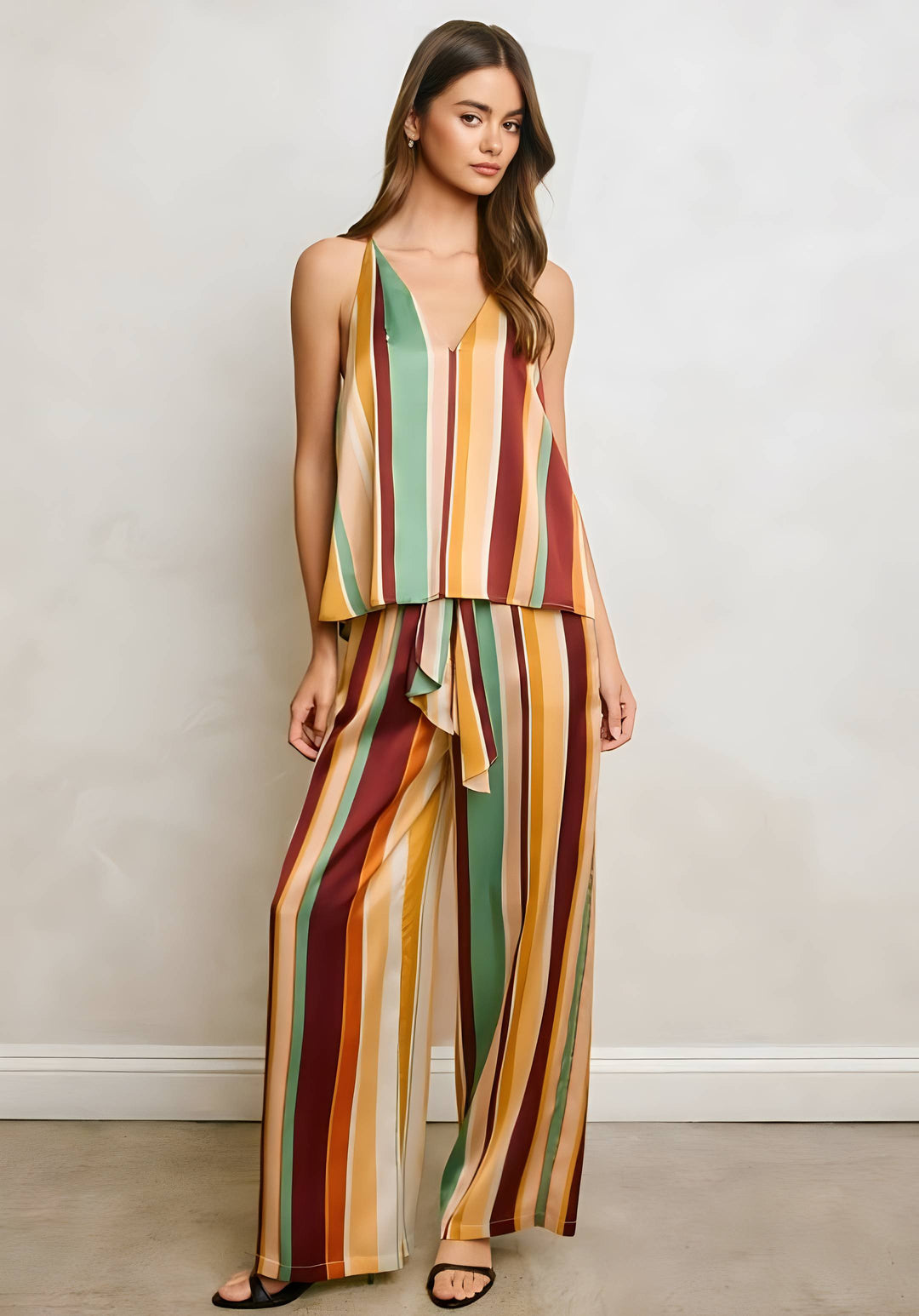 Woman wearing a colorful striped pant set against a plain background