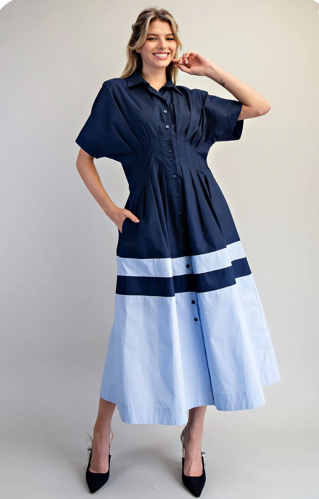 Casual navy color-block dress with relaxed fit and timeless style