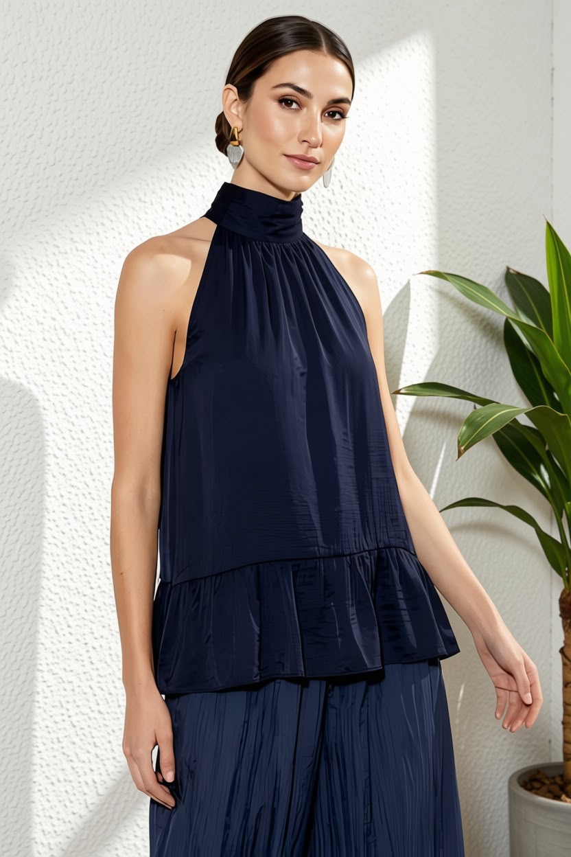 A woman modeling a sleeveless navy blue halter top with a gathered peplum waist, paired with matching pleated navy bottoms, set against a textured white wall with a green plant in the background.