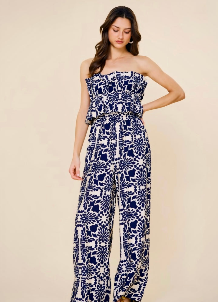 Chic navy strapless jumpsuit for women with tailored fit and elegant silhouette
