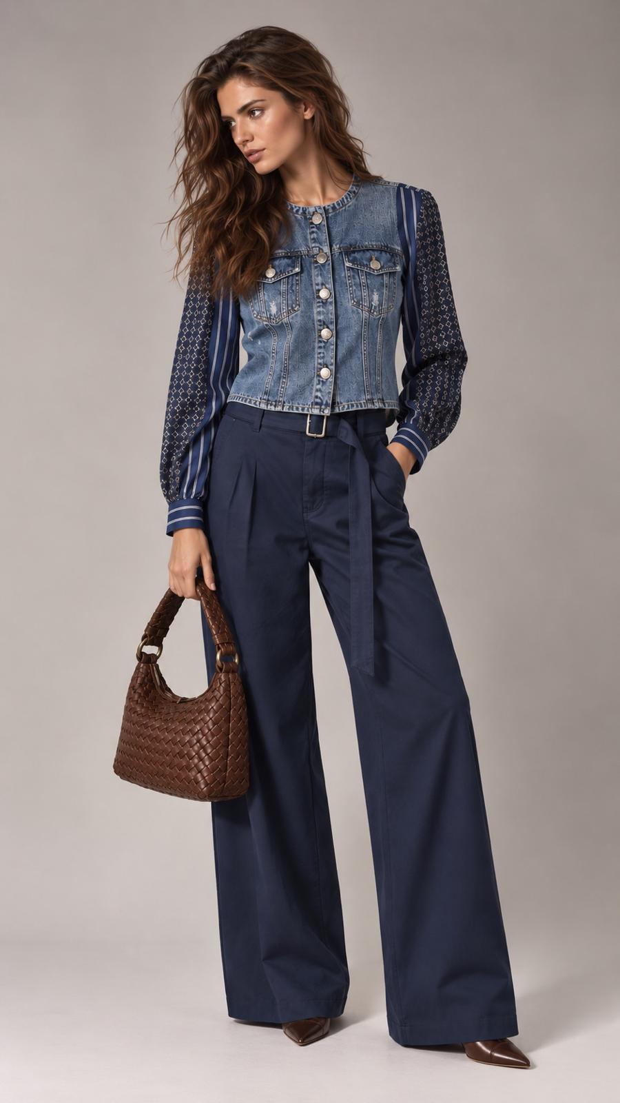 A woman models a two-piece outfit consisting of a cropped blue denim vest with patterned sleeves over a striped long-sleeve top, paired with high-waisted navy blue wide-leg trousers, and holds a brown woven handbag against a neutral studio background.