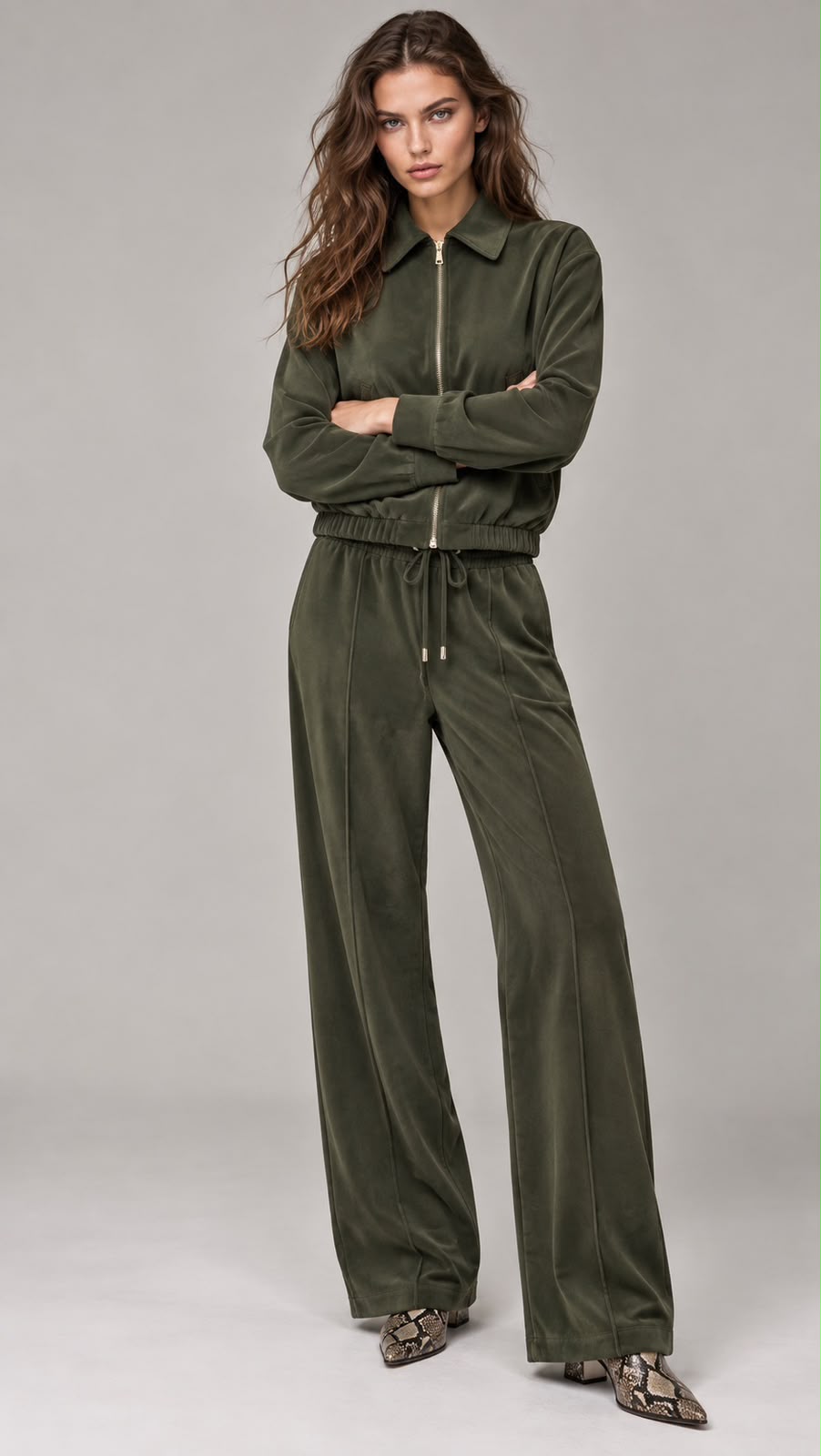 A woman modeling an olive green zip-up collared jacket and matching wide-leg drawstring pants set, standing against a neutral gray studio background.