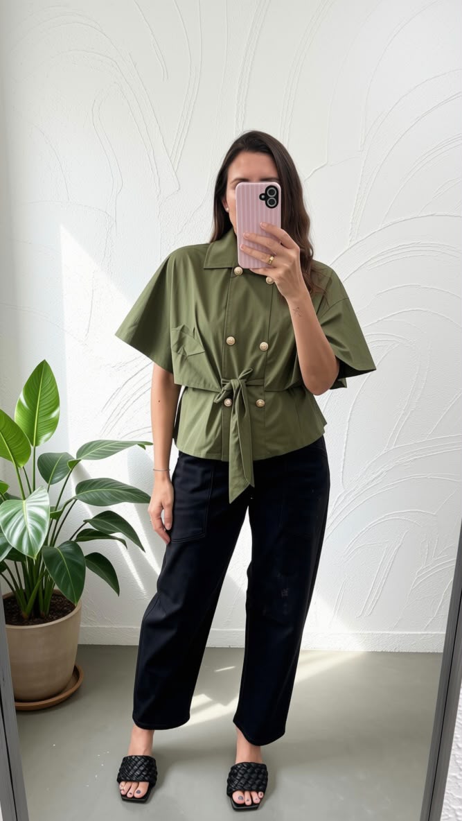A woman takes a mirror selfie wearing an olive green short-sleeve button-up shirt with a tie waist and black wide-leg pants, standing in a room with a potted plant and a white textured wall.