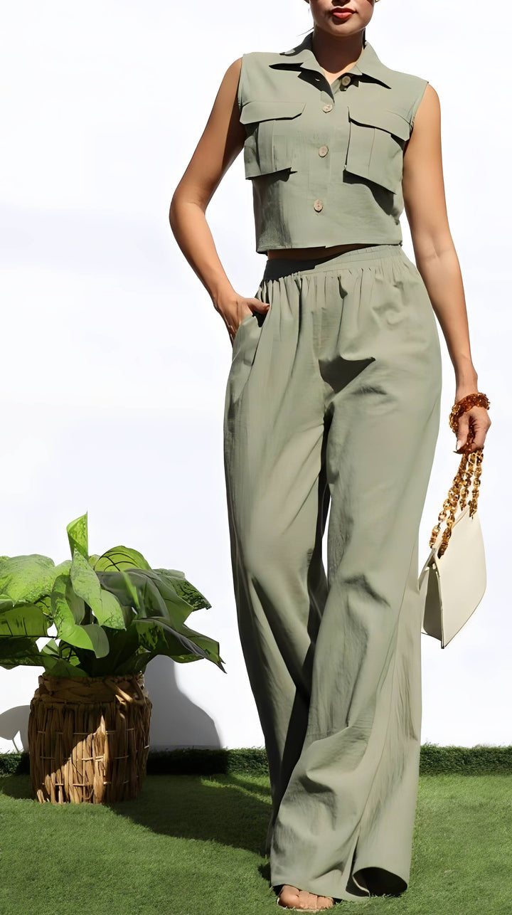Green button top with pants