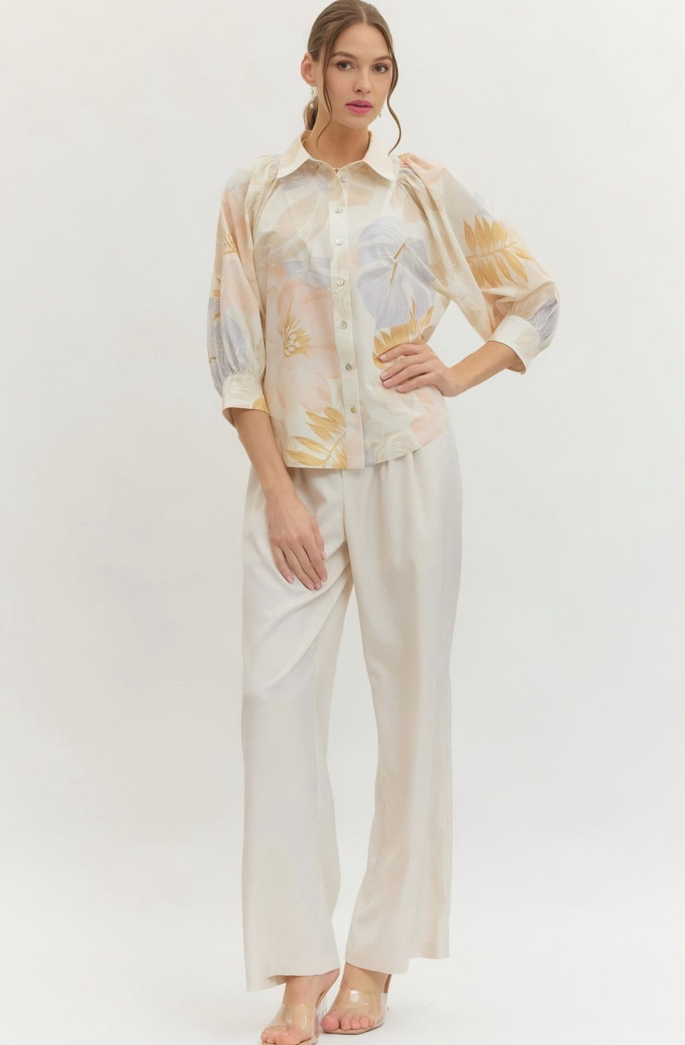 Peach Botanical Print Button Top