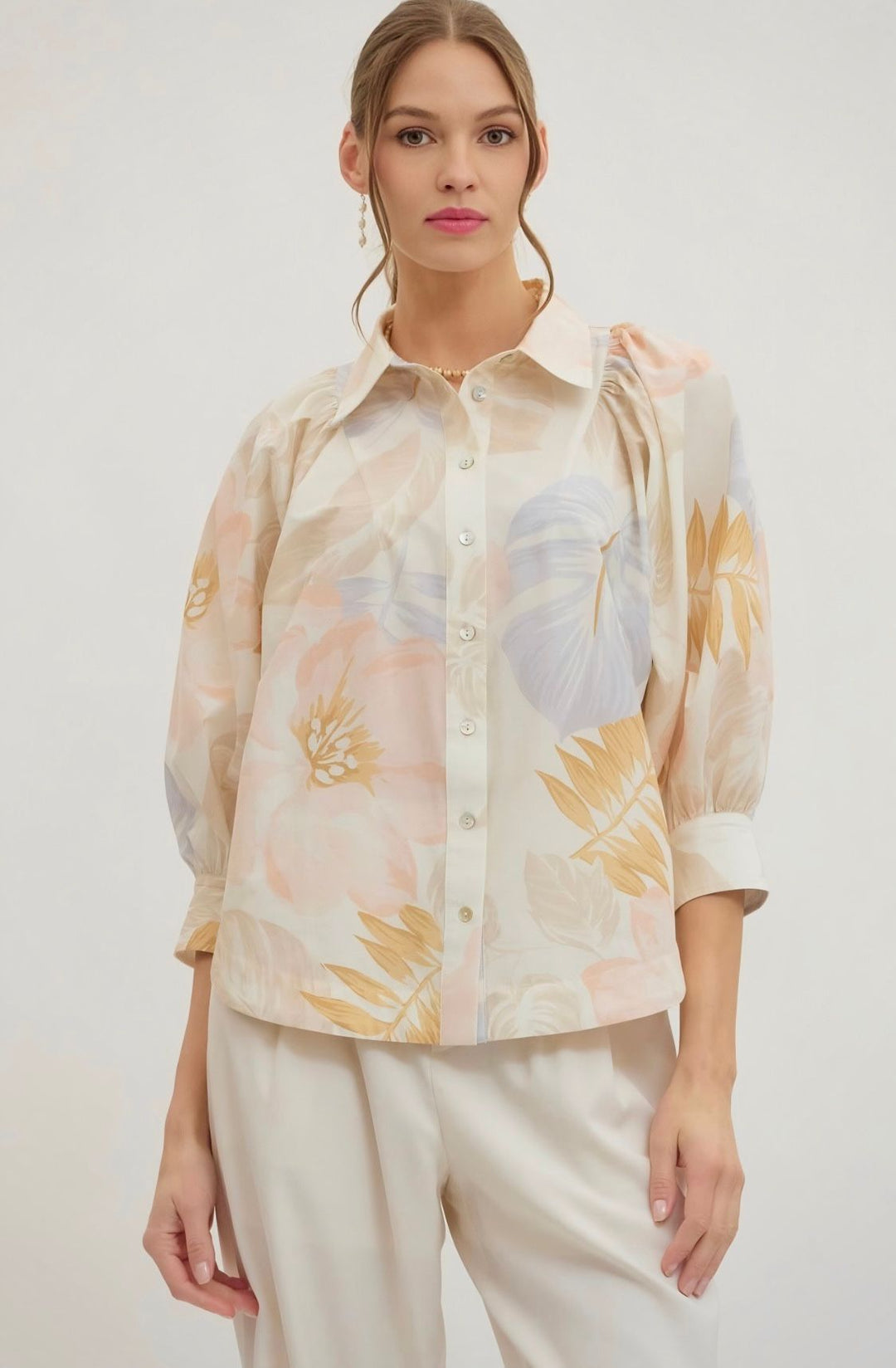 Peach Botanical Print Button Top