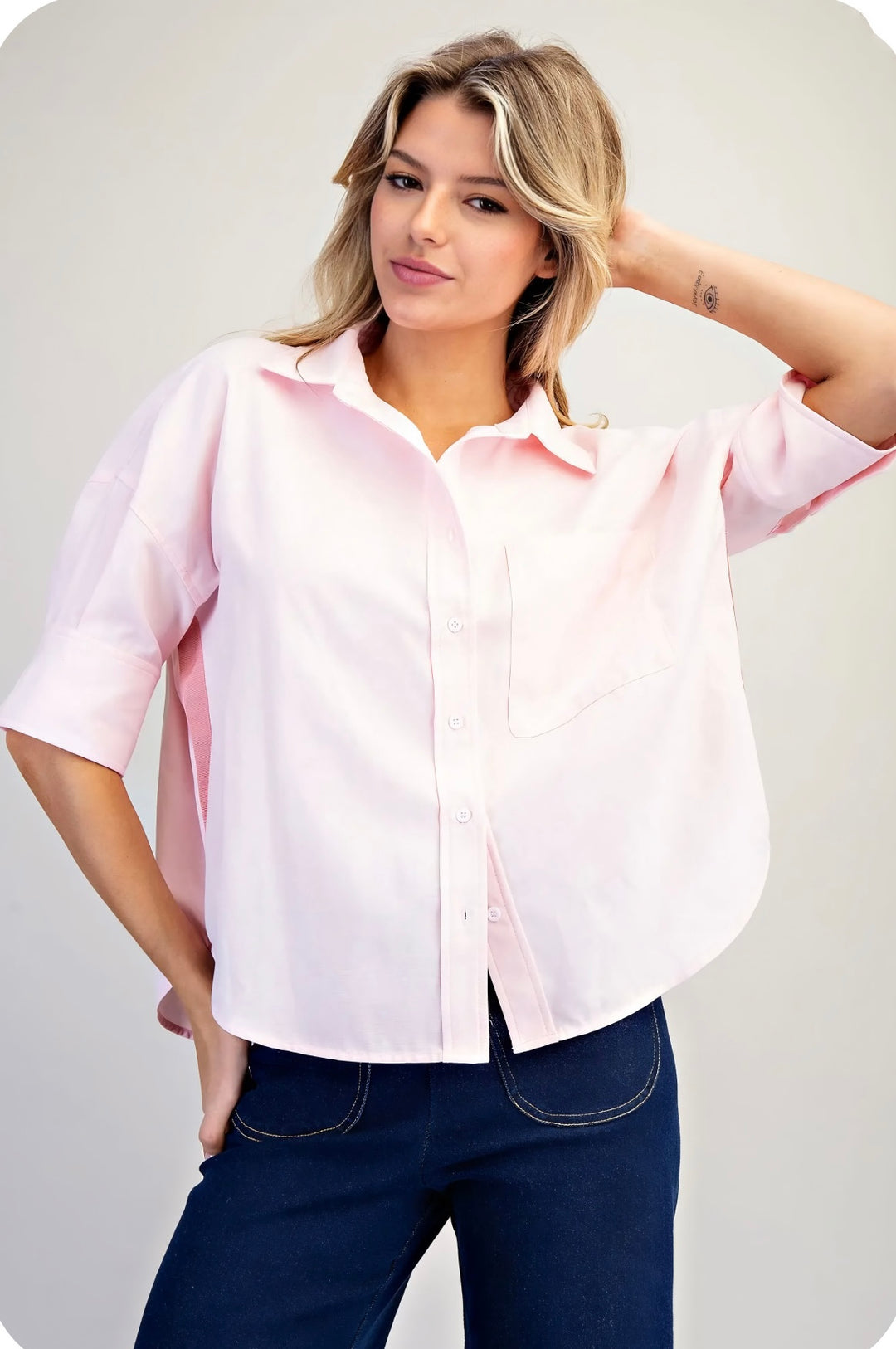 Pink contrast stripe button top, fashionable women’s top with chic striped pattern