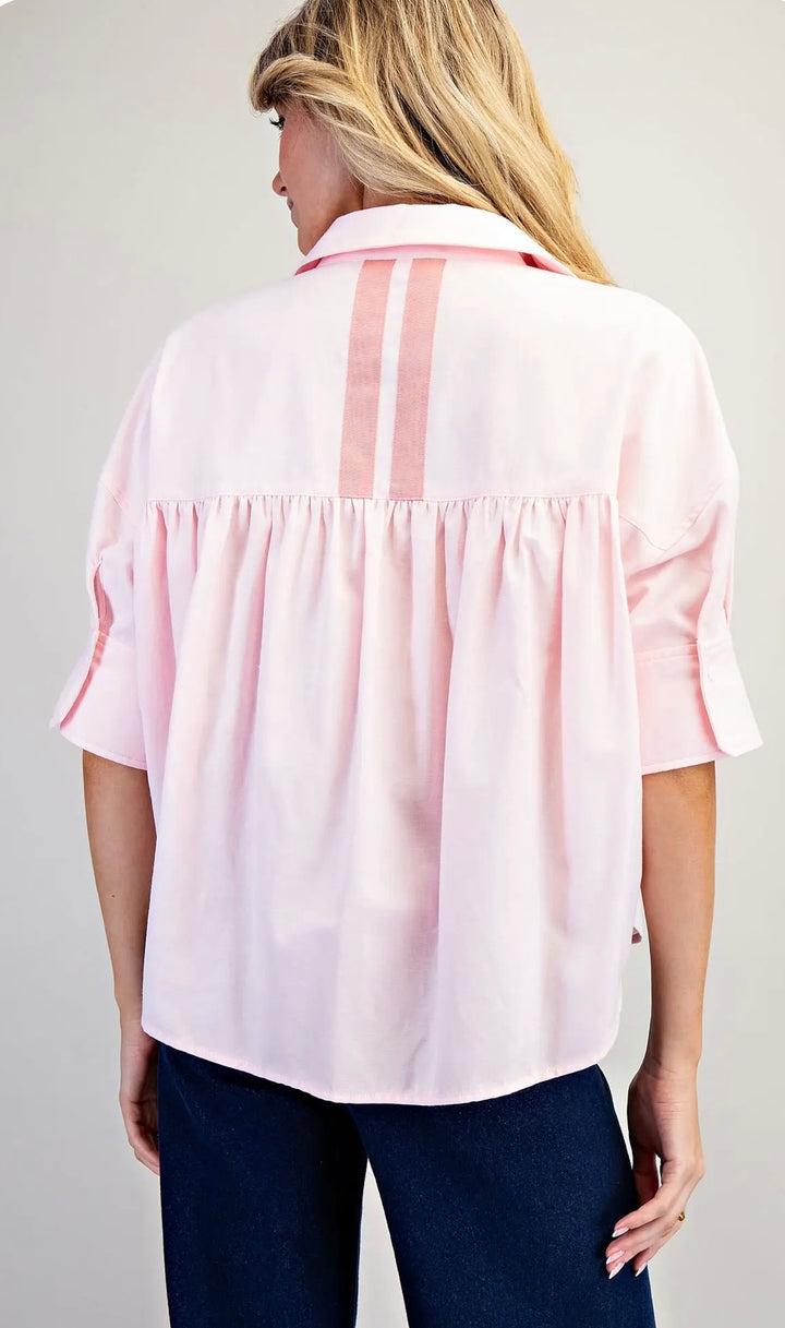 Pink contrast stripe button top, fashionable women’s top with chic striped pattern