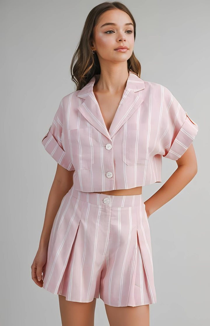 Pink stripe button top and pleated short set