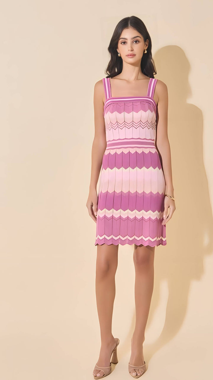 Purple missoni print color block dress on a cream background