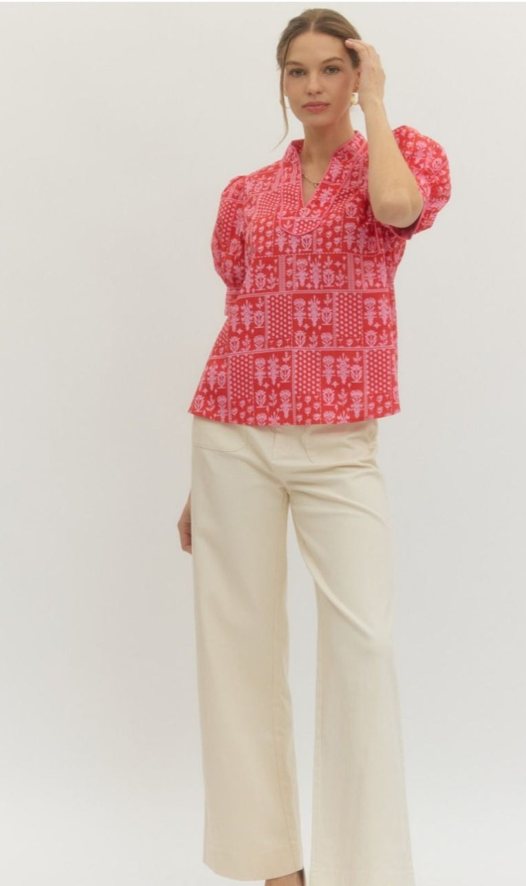 Red Flower Print Top