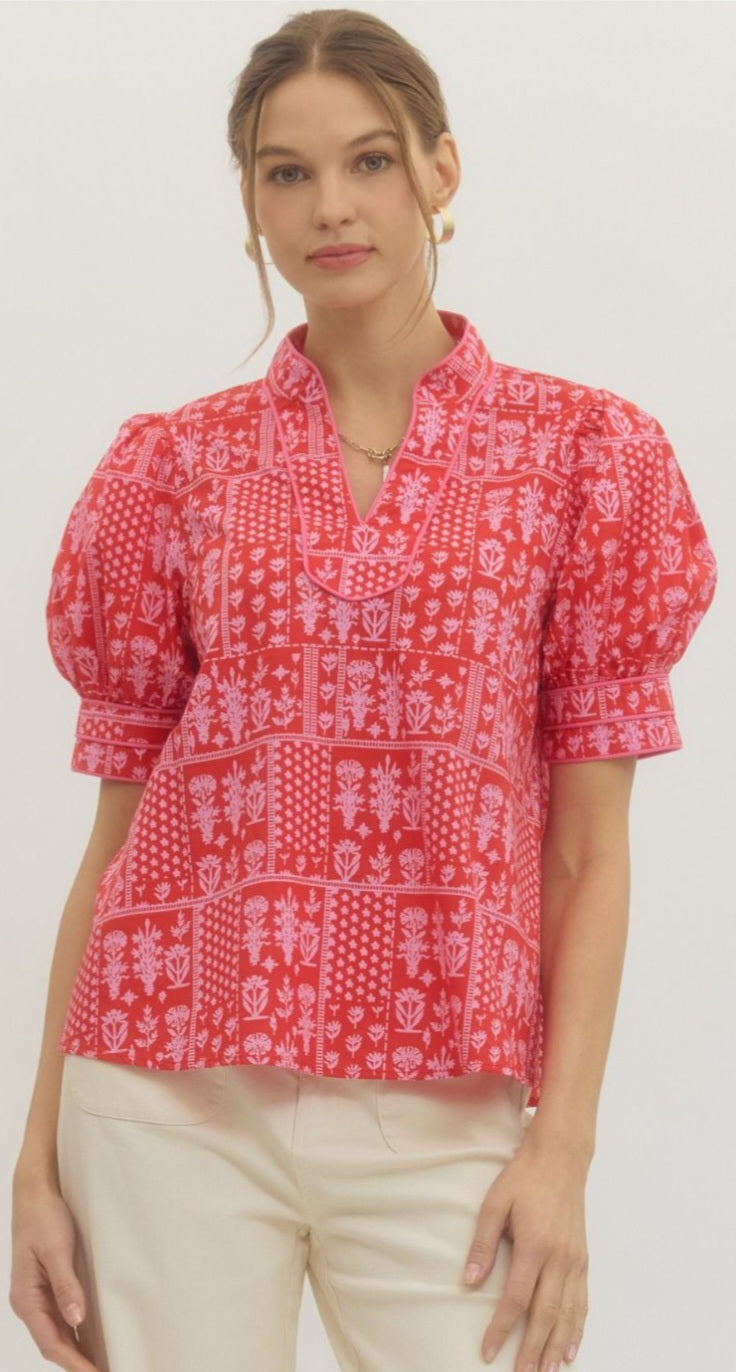 Red Flower Print Top