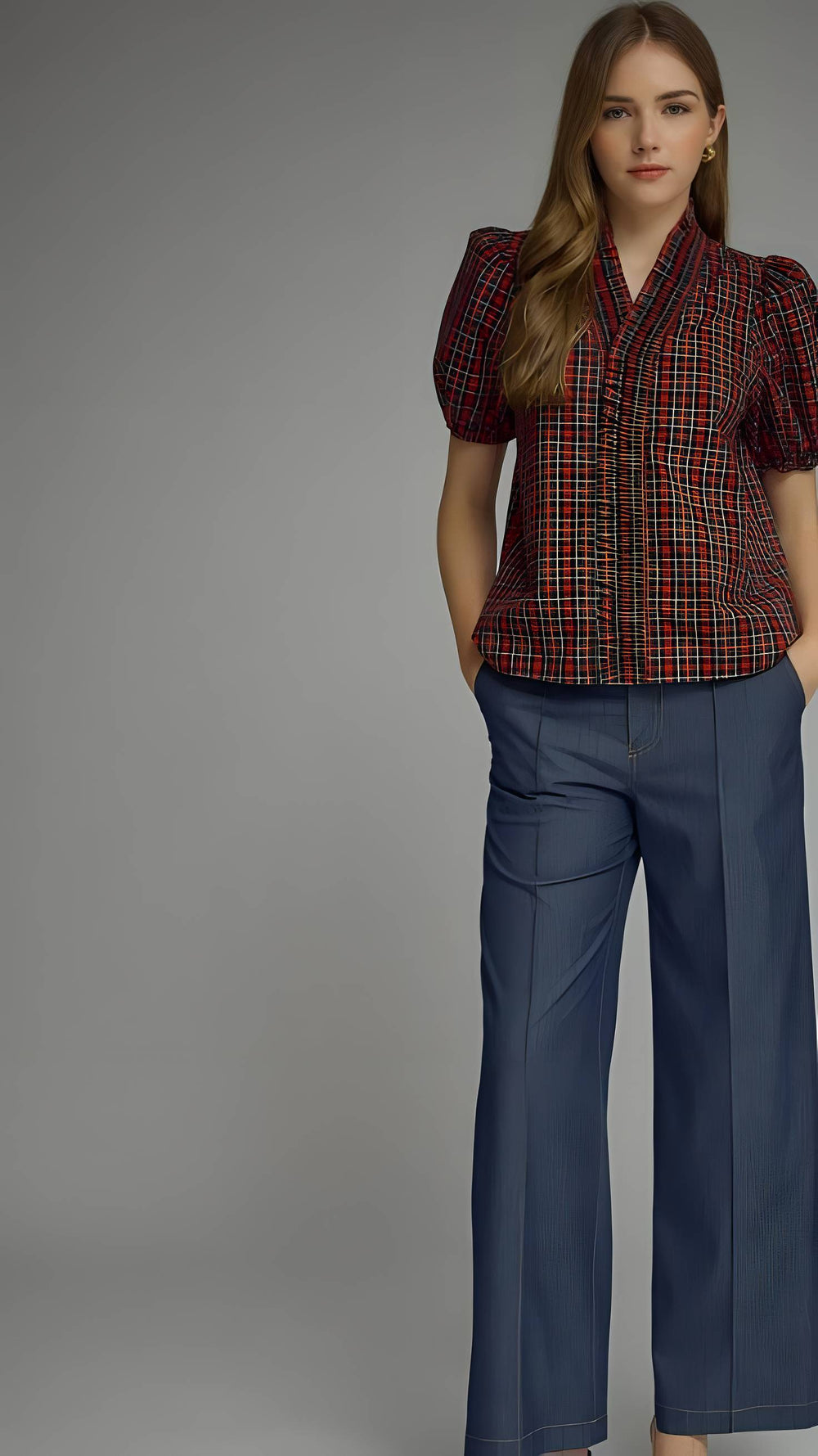 A woman modeling a short-sleeve plaid button-up blouse with puff sleeves and dark blue wide-leg trousers, photographed against a solid gray studio background.
