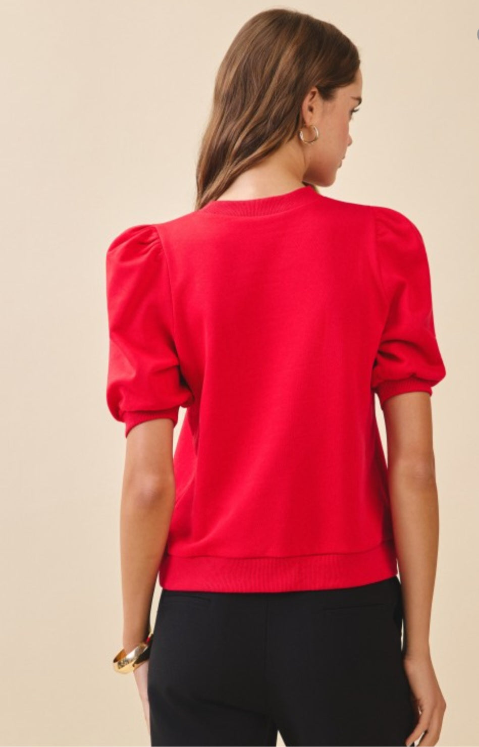 Red Crew Neck Puff Sleeve Knit Top