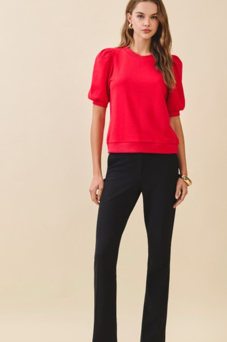 Red Crew Neck Puff Sleeve Knit Top