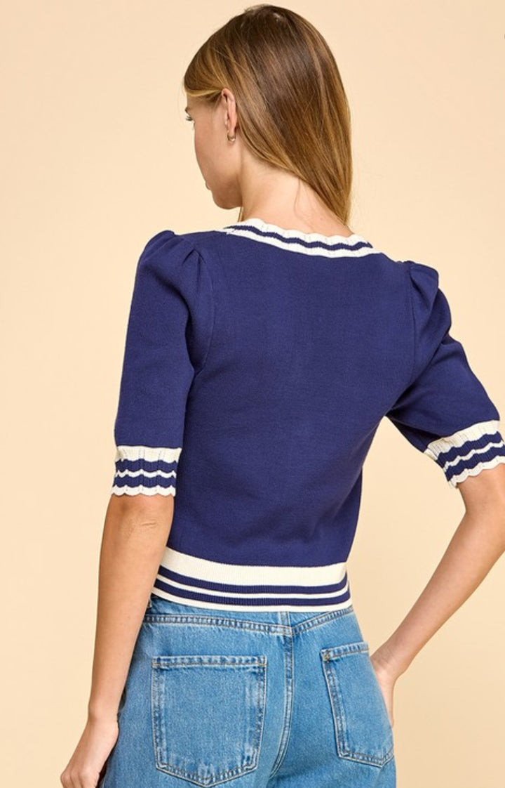 Navy Scalloped Knit Top