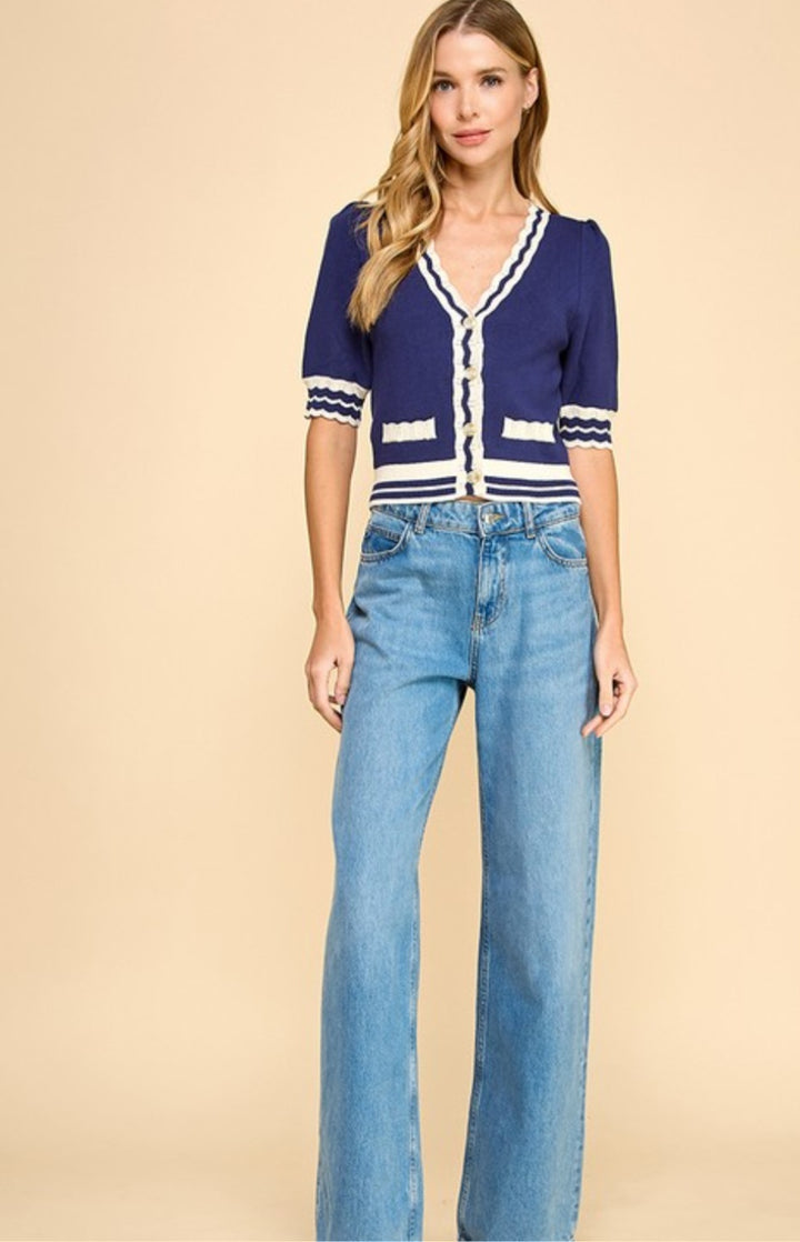 Navy Scalloped Knit Top