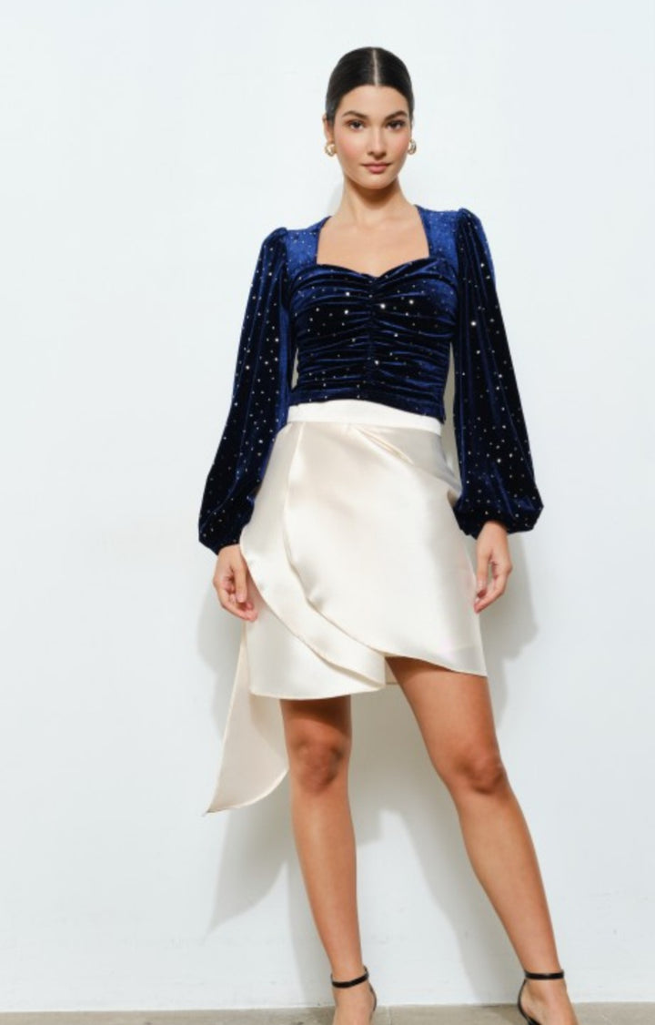 Navy Velvet Sweetheart Ruched Top