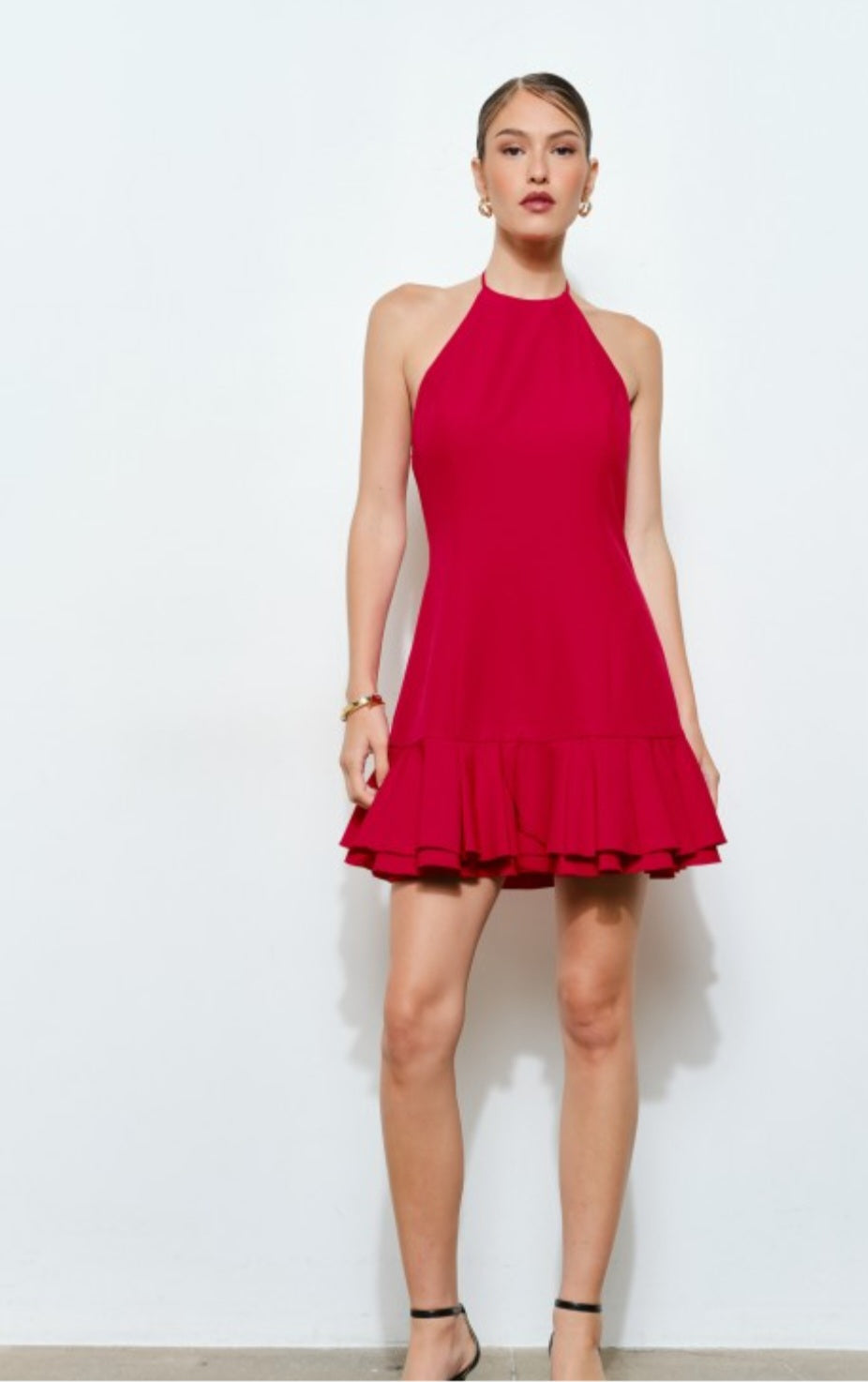 Red Halter Neck Ruffle Dress