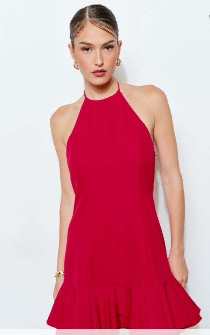 Red Halter Neck Ruffle Dress
