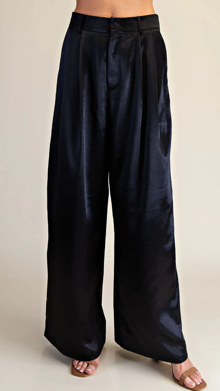 Black Satin Pleated Pants
