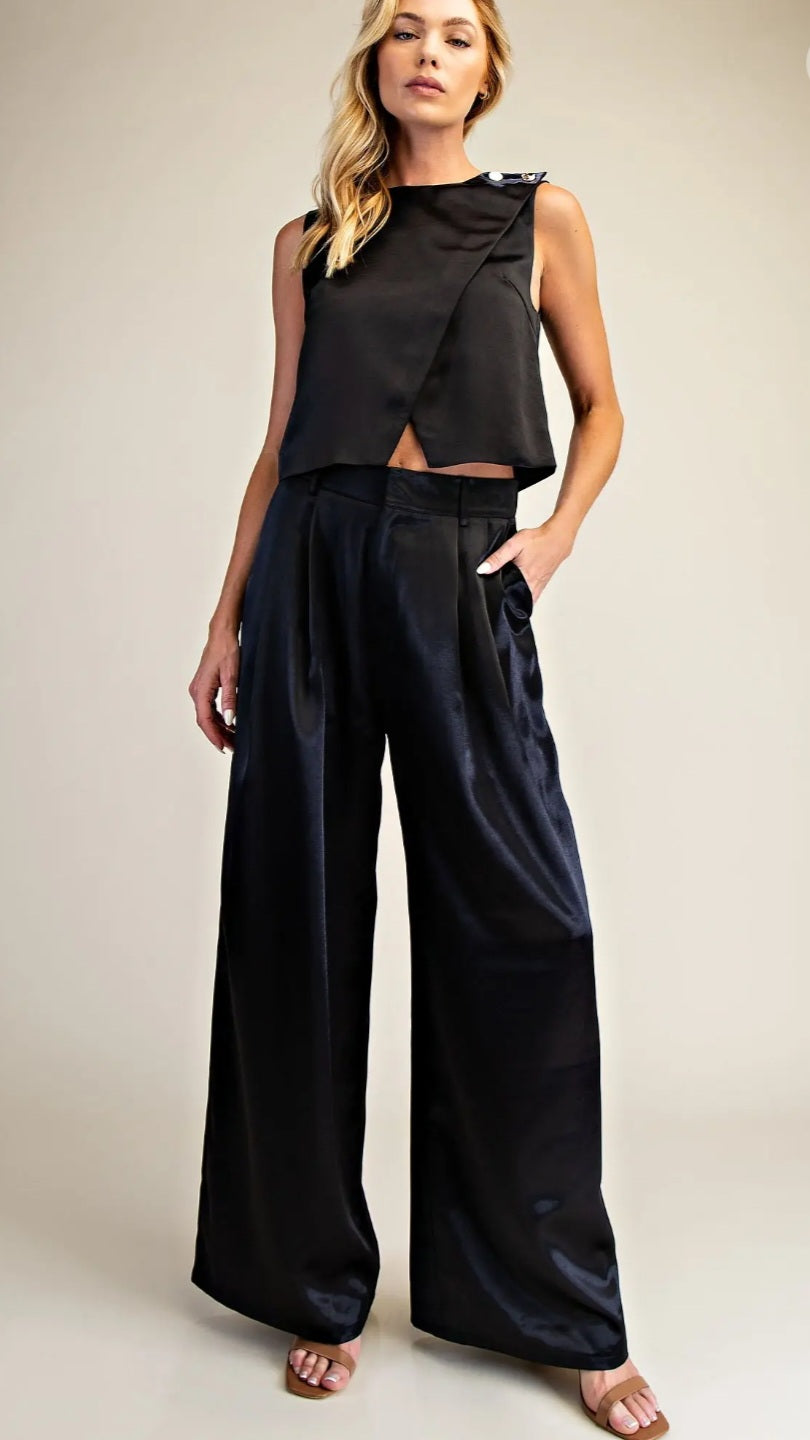 Black Satin Pleated Pants