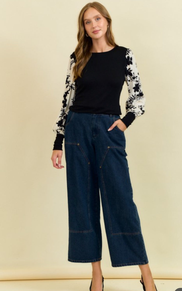 Black Floral Long Sleeve Top