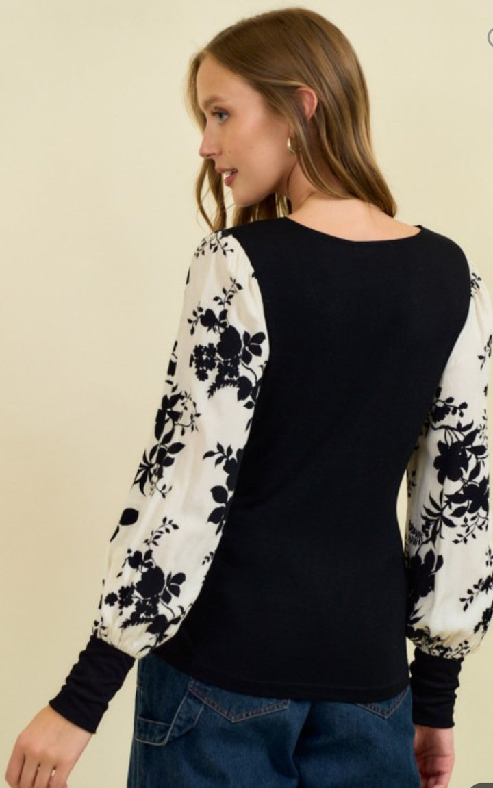 Black Floral Long Sleeve Top