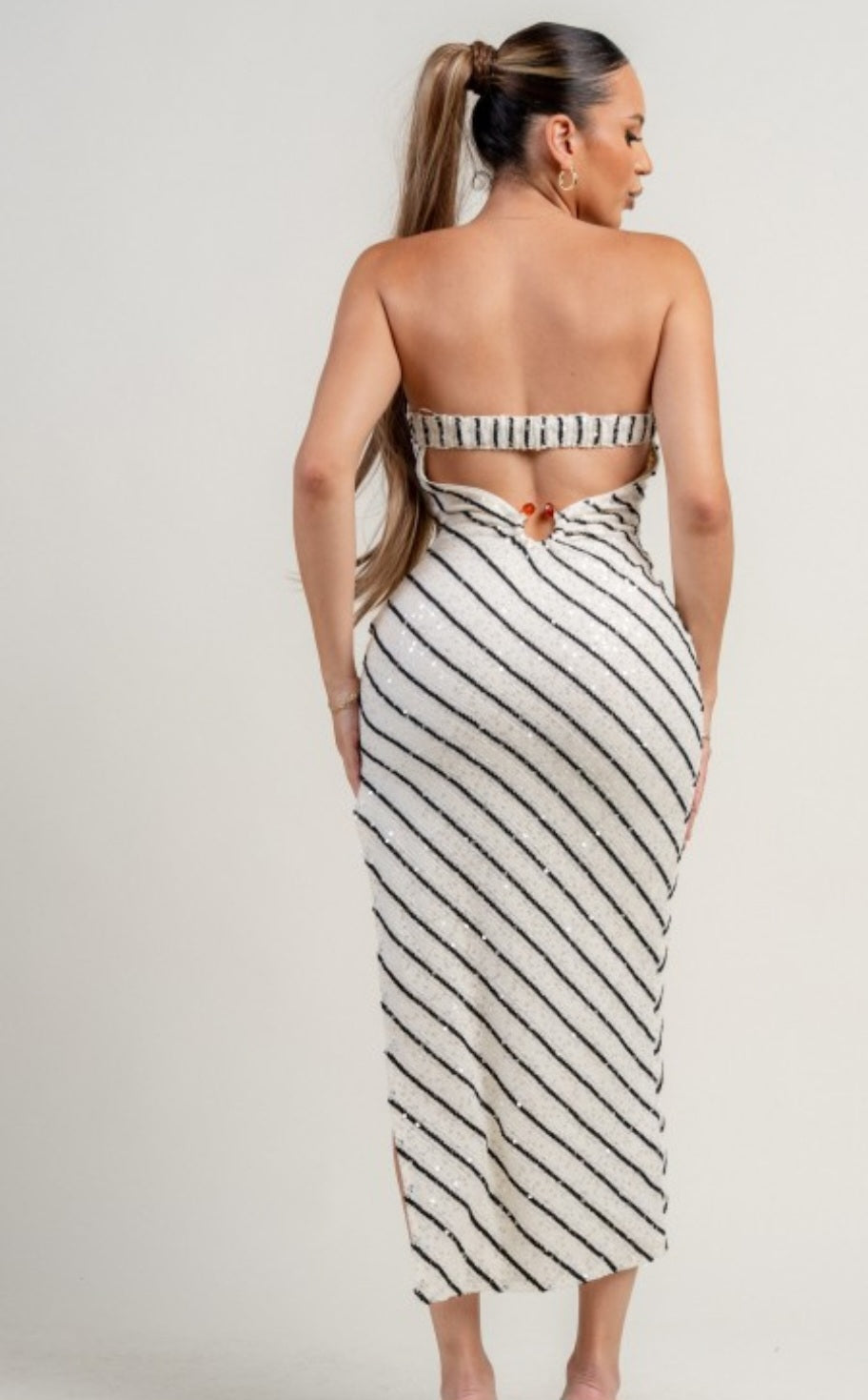 Cream Stripe Sequin Strapless Dress