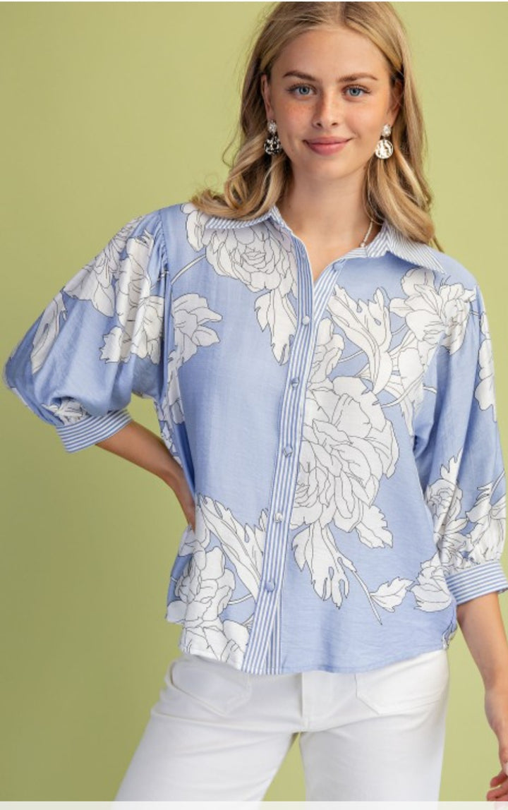 Light Blue Floral Print Button Top