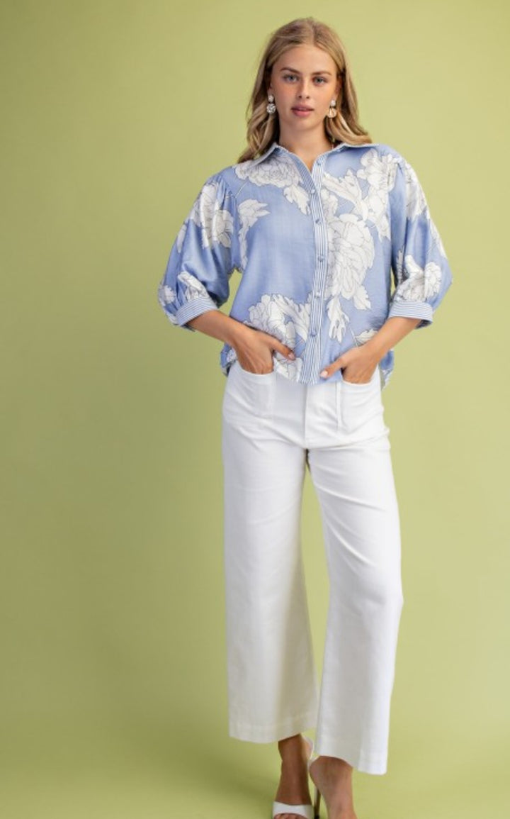 Light Blue Floral Print Button Top