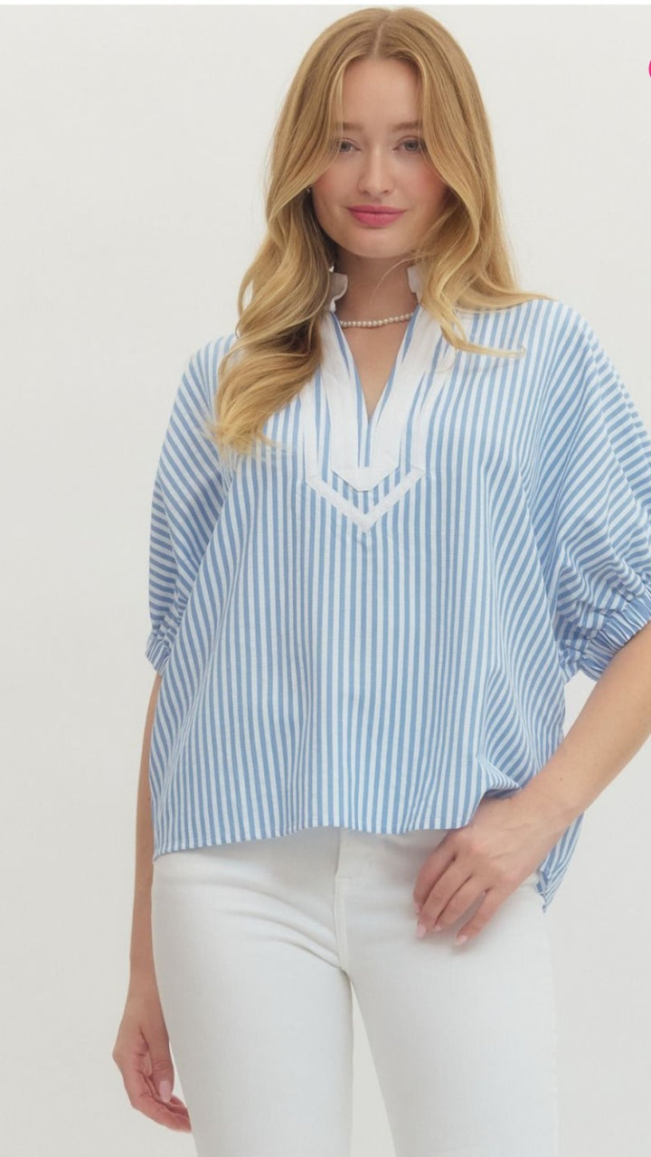 Light Blue Stripe V Neck Top