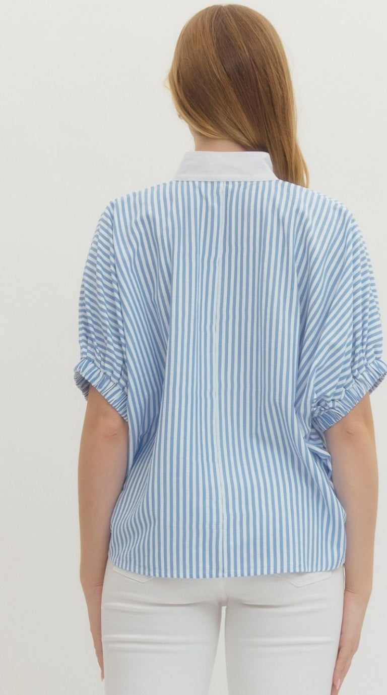 Light Blue Stripe V Neck Top