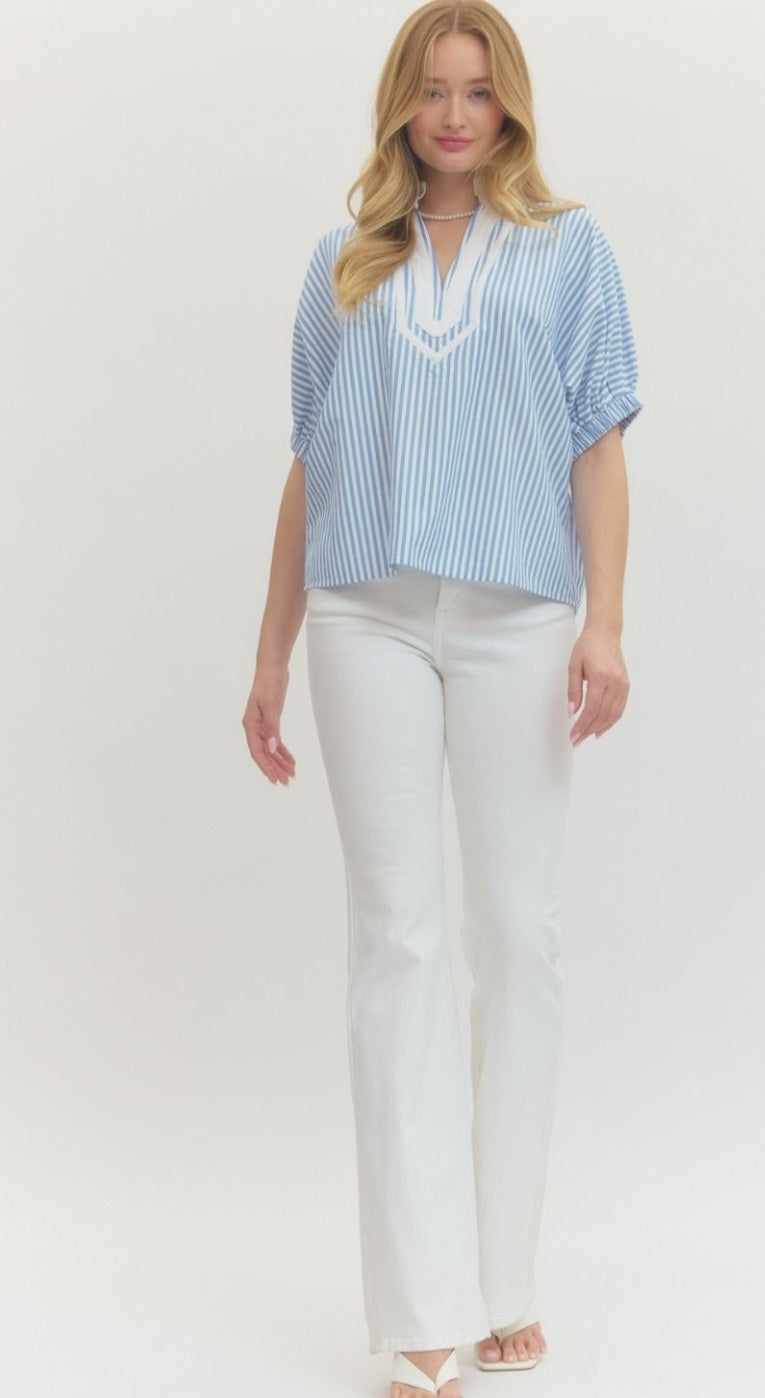 Light Blue Stripe V Neck Top